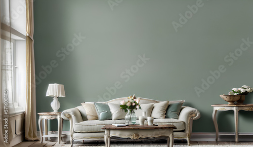 Classic beige sofa and table in traditional interior. Furniture and decoration. Empty wall with copy space. Generative AI.