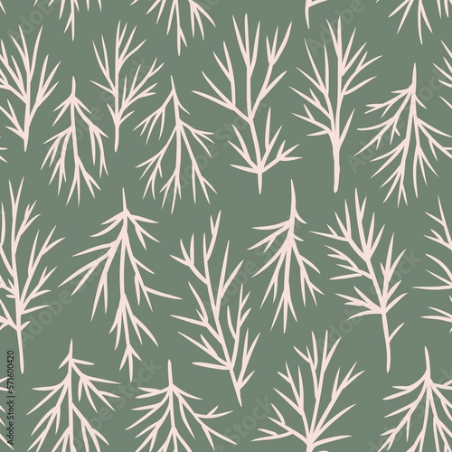 Hand drawn seamless pattern with beige cosmos leaves on sage green background. Elegant minimalist floral foliage on boho bohemian print, pastel muted neutral color, spring garden fabric, simple