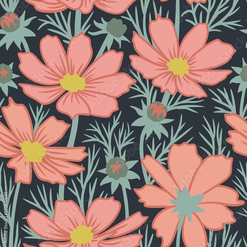 Hand drawn seamless pattern with orange cosmos flowers sage green leaves on dark black background. Nature floral spring garden design  bloom blossom buds  botanical art  boho boheman print.