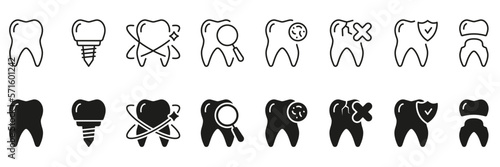 Dental Diagnostic Silhouette and Line Icon Set. Tooth Medical Care Linear and Glyph Pictogram Collection. Dentistry Symbol. Dental Treatment Sign. Editable Stroke. Isolated Vector Illustration
