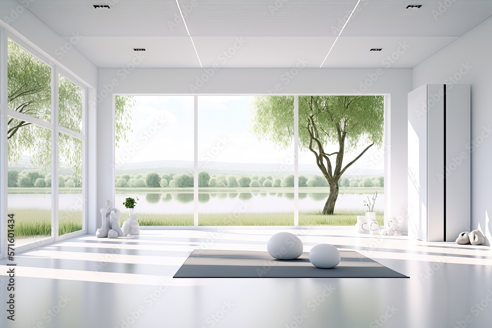 Clean and calm yoga studio with beautiful nature view. Interior design.  Generative AI Stock Illustration