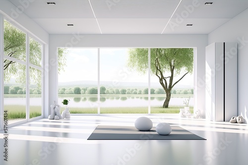 Murais de parede Clean and calm yoga studio with beautiful nature view
