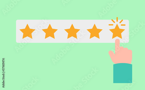 App rating 5 points flat vector illustration on green background. Star rating, star classification positive customer reviews feedback concept. 
Finger marks, people leave feedback and comments. 