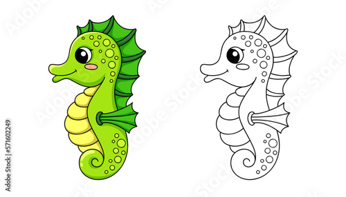 Cute cartoon seahorse. Black and white vector illustration for coloring book © alka5051
