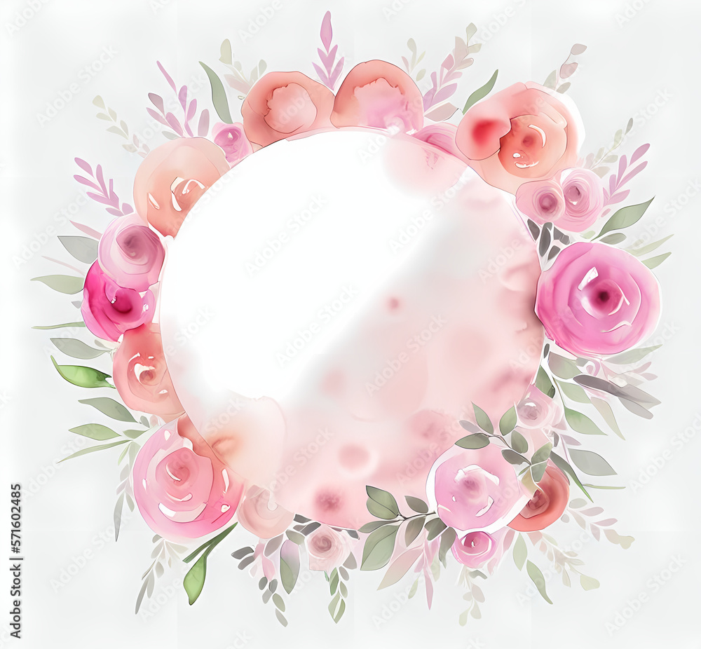 a circle frame shape with pink watercolor roses & flowers - beautiful mother's day or wedding illustration - drawing - generative ai - valentines day background - oil painting