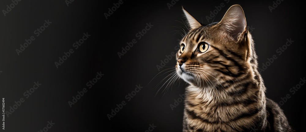 Portrait of a cat on a dark background. The pet is looking off the camera. Open eyes. Lots of free copy space. Studio lighting. Template for graphics or inscriptions. Generative AI.