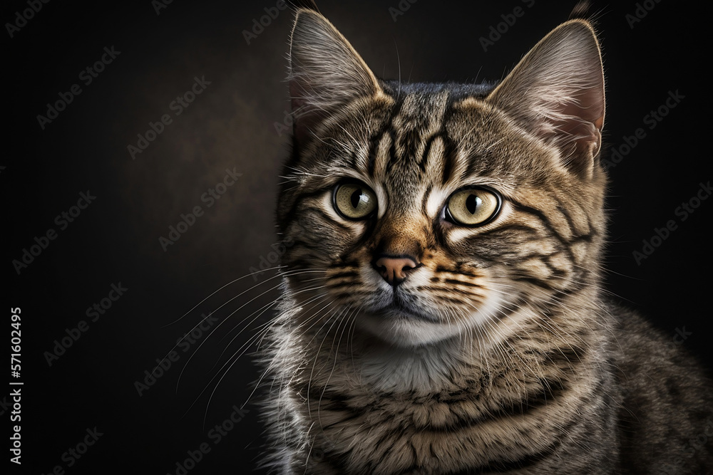 Portrait of a cat on a dark background. The pet is looking directly at the camera. Open eyes. Lots of free copy space. Studio lighting. Template for graphics or inscriptions. Generative AI.