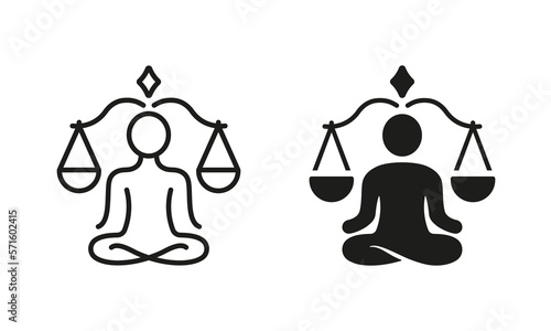 Yoga, Balance, Relax Silhouette and Line Icon Set. Figure Man in Pose Lotus. Spiritual Zen Person in Pose Lotus and Scales Pictogram. Wellness. Health and Mind. Editable Stroke. Vector Illustration