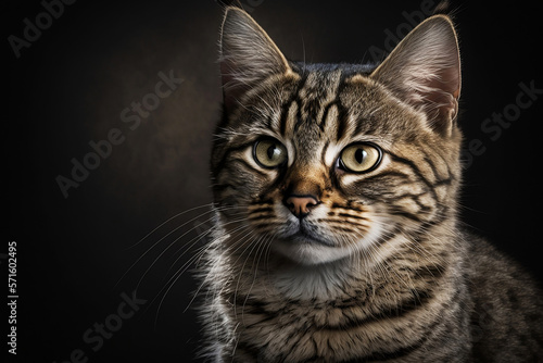 Portrait of a cat on a dark background. The pet is looking directly at the camera. Open eyes. Lots of free copy space. Studio lighting. Template for graphics or inscriptions. Generative AI. © pawczar
