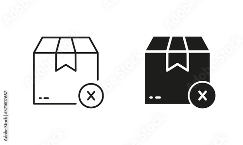 Cancel Parcel Box Order Silhouette and Line Icon Set. Delete Wrong Package Cross Pictogram. Cancellation Delivery Icon. Reject Purchase in Cardboard Box. Editable Stroke. Isolated Vector Illustration