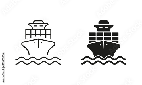 Sea Boat Vessel Silhouette and Line Icon Set. Freight Marine Container Delivery Pictogram. Cargo Ship Delivery Black Symbol. Big Cruise Yacht Shipping. Editable Stroke. Isolated Vector Illustration