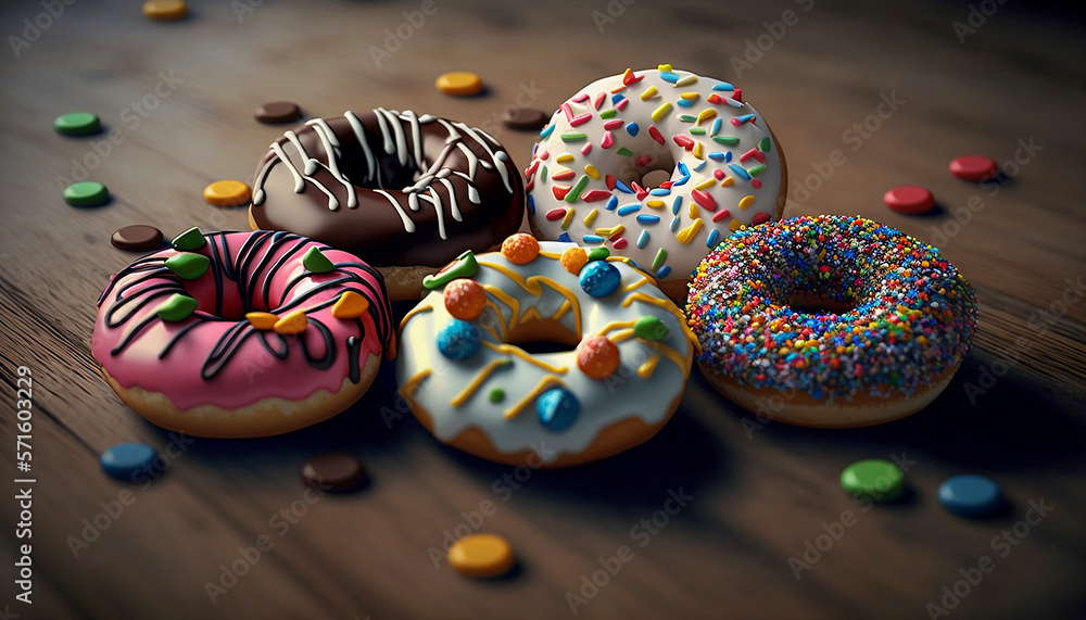 Colorful chocolate donuts stacked side by side on pastel background. American style snacks top view. Colorful topping with sprinkles. Graphic illustration and pattern. Studio lighting Generative AI.