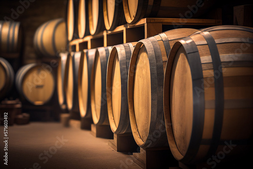 Wine barrels in a old wine cellar. Grape barrels in wine storage. Wooden oak barrels with whiskey in storage. Vintage Wine in an old barrel. Storage of whiskey . Barrel storage of rum.