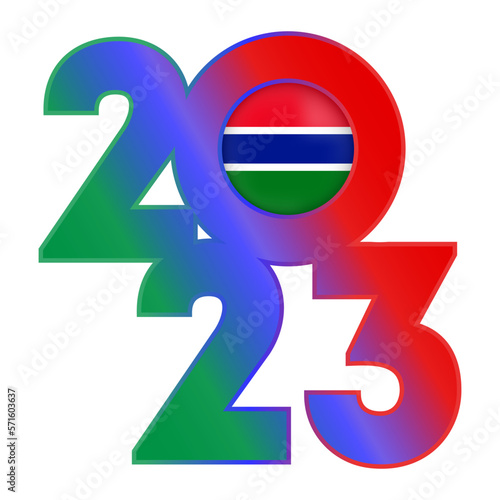 Happy New Year 2023 banner with Gambia flag inside. Vector illustration.