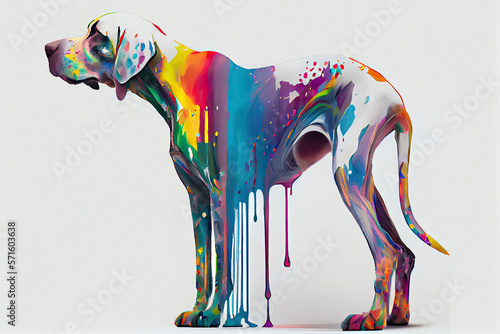 full body of a colorful dog,white background,dripping art
