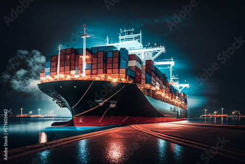 Container vessel by Mediterranean Shipping. Container Ship with containers in port. Cargo ships with Shipping containers in harbour. Shipping container transportation by sea. Ocean Freight Cargo..