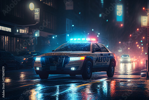 Police lights and Police car in New York. Police car with red and blue emergency. Emergency vehicle lighting. LED blinker flasher Police car. Road traffic jam accident. Crime in City. Ai Generative..