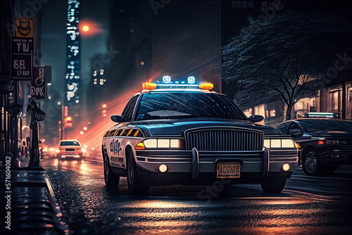 Police lights and Police car in New York. Police car with red and blue emergency. Emergency vehicle lighting. LED blinker flasher Police car. Road traffic jam accident. Crime in City. Ai Generative..