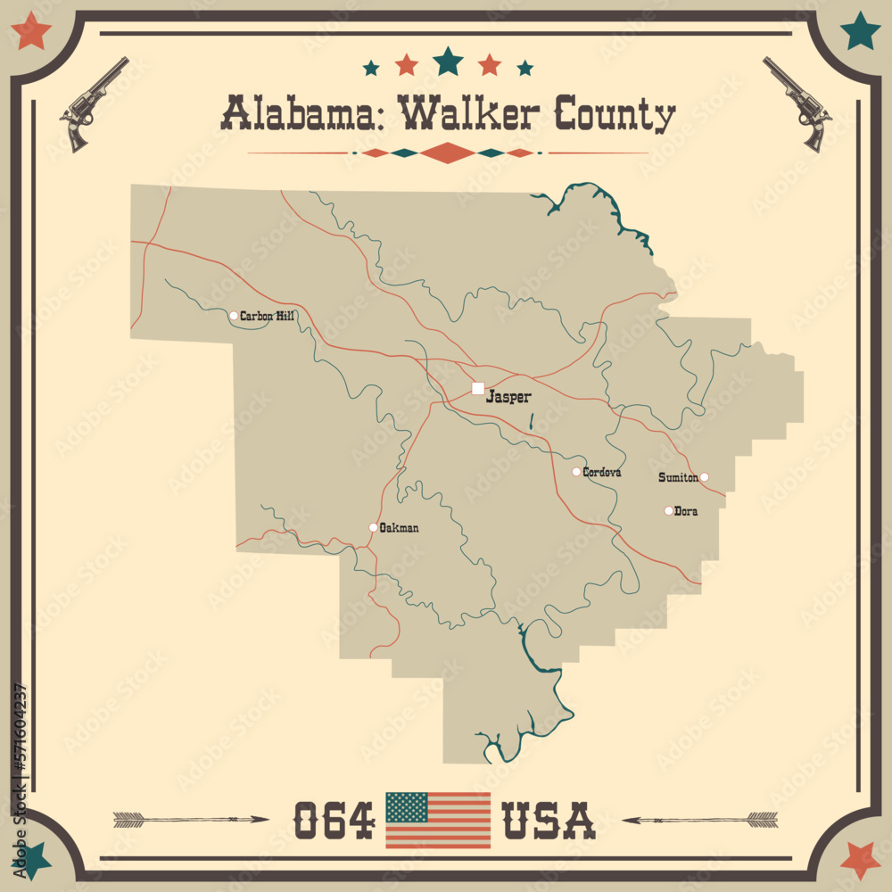Large and accurate map of Walker county, Alabama, USA with vintage colors.