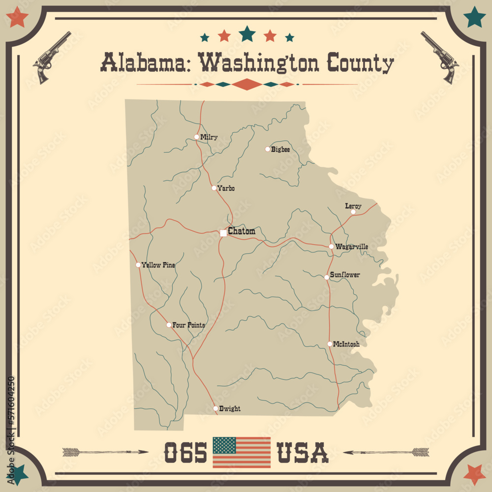 Large and accurate map of Washington county, Alabama, USA with vintage colors.