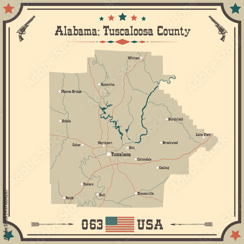 Large and accurate map of Tuscaloosa county, Alabama, USA with vintage colors.