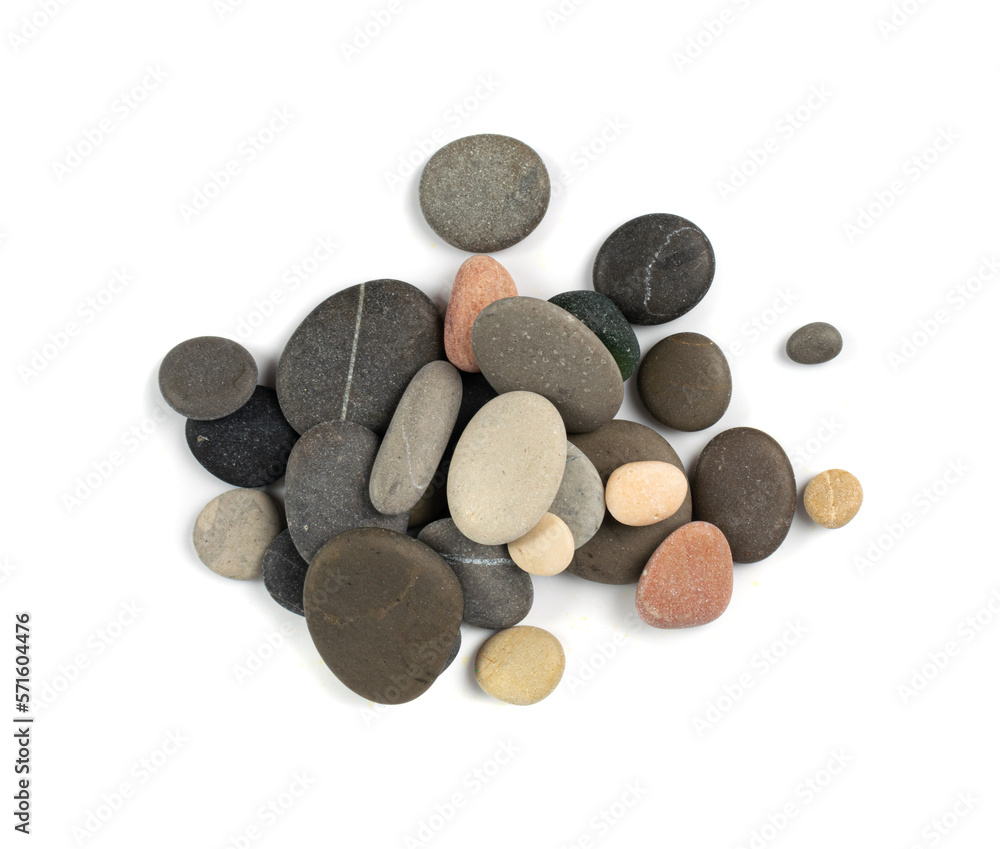 Sea Pebbles Isolated, Flat Round Stones, Gray Circle Rock Pieces, Sea Pebbles Pile on White Background Sea Pebbles Isolated, Flat Round Stones, Gray Circle Rock Pieces, Sea Pebbles Pile on White Background