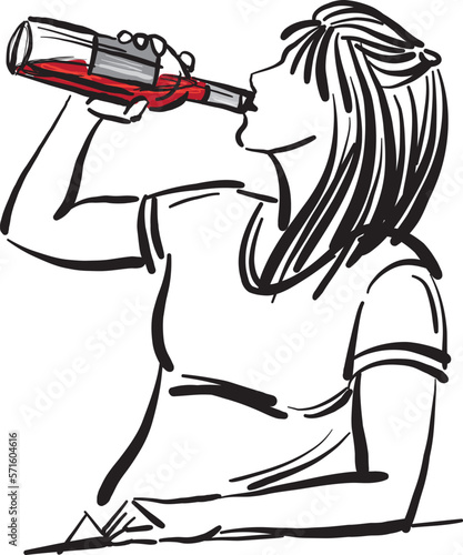 woman drinking bottle of wine drink problems concept vector illustration