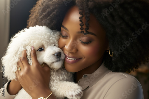 African American woman hugging a white dog. ia generate