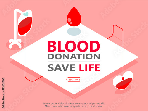 blood bag donated with heart, blood donor for poster, banner, card, and background. Vector illustration isometric flat design for blood donation day.	