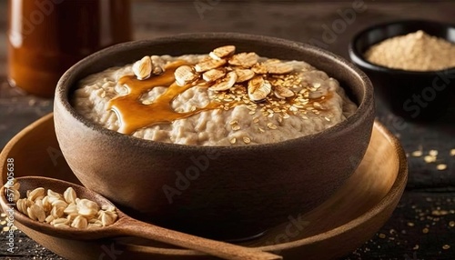  a bowl of oatmeal with peanut butter and honey on a wooden plate next to a wooden spoon and a bottle of honey.  generative ai