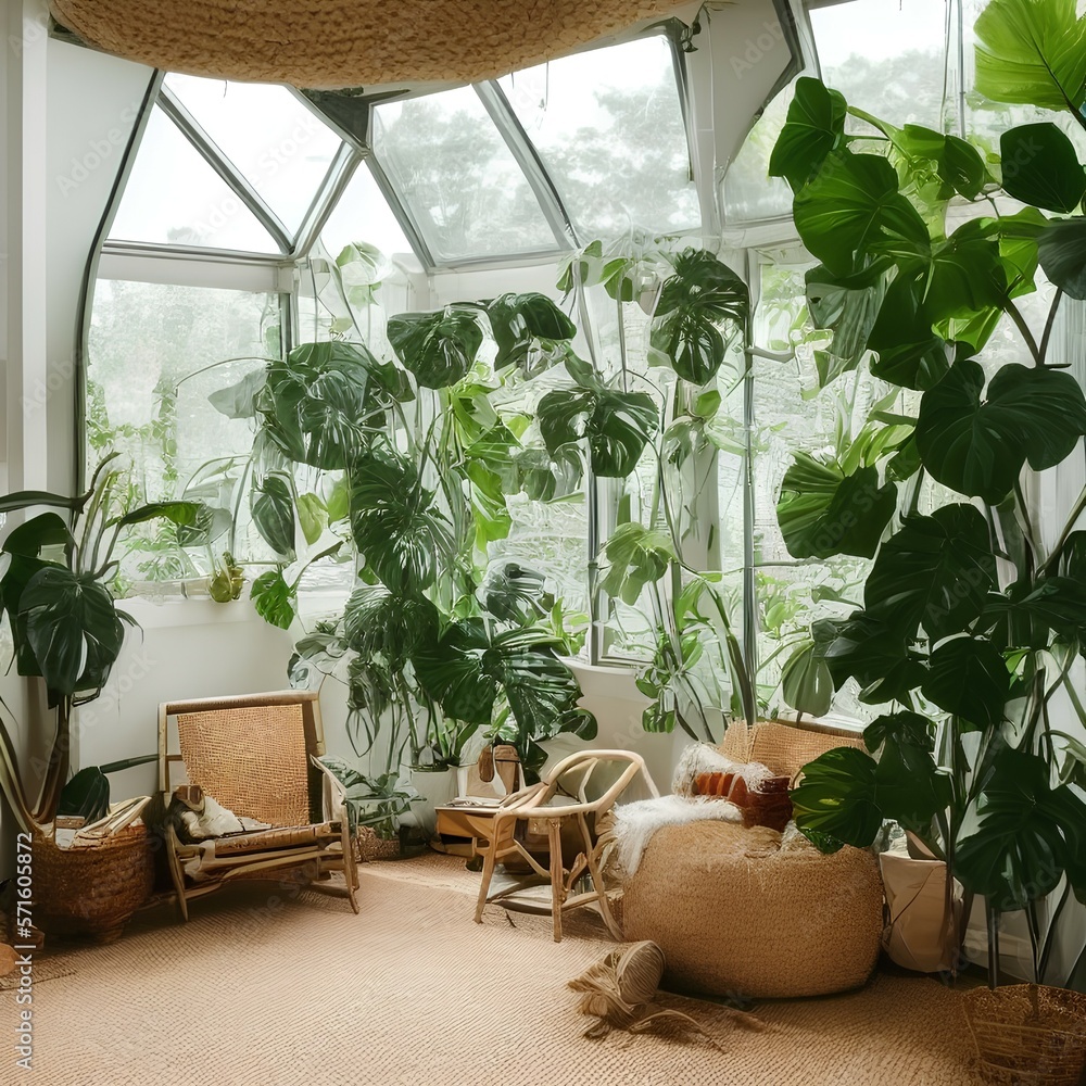 Image showcasing Cozy eco-house with room with rattan chairs, jute rugs on the floor and ...