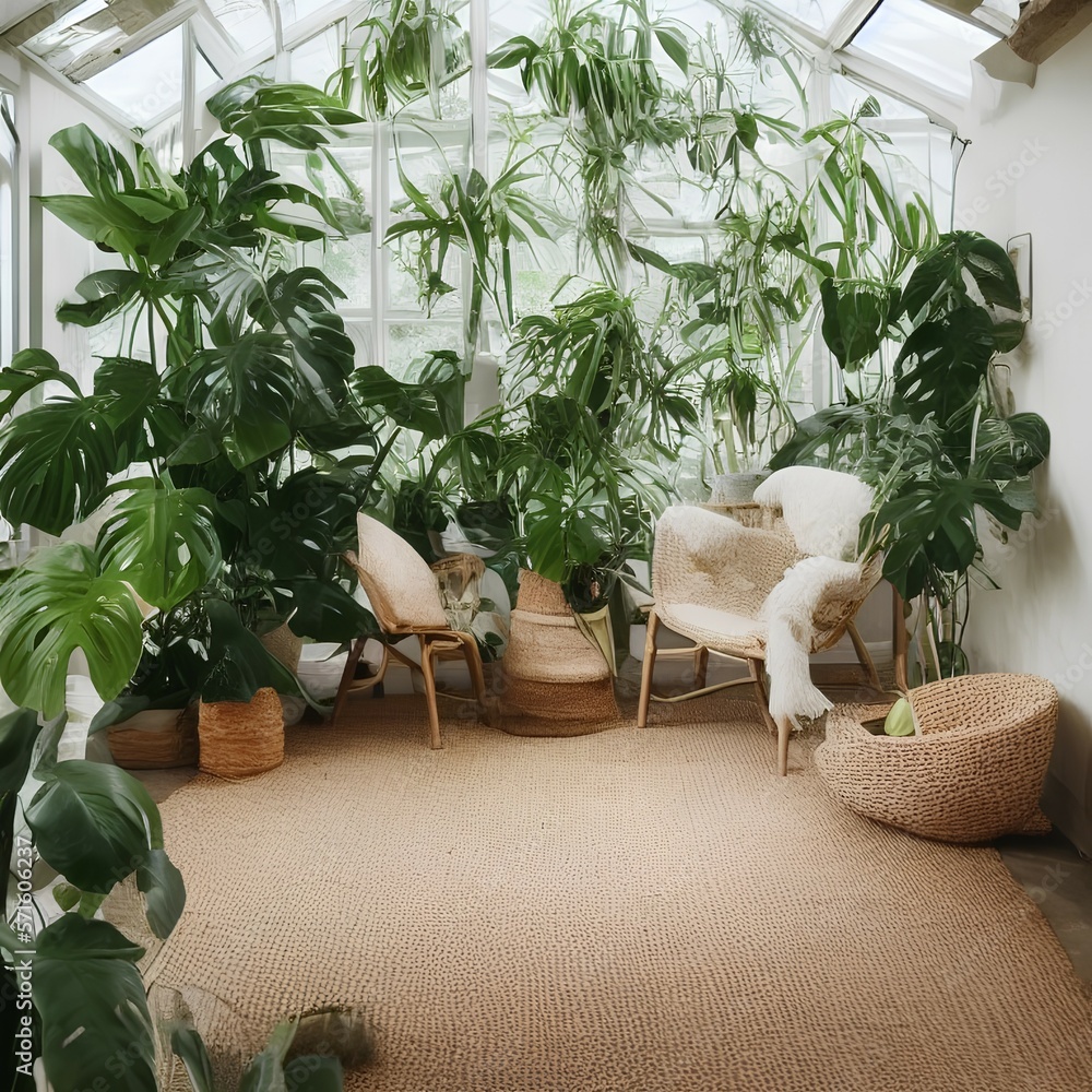 Cozy eco-house with room with rattan chairs, jute rugs on the floor and ...