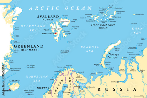 Arctic Ocean region north of mainland Europe, political map Fototapet