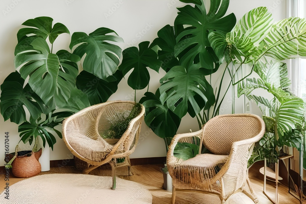 Cozy eco-house with room with rattan chairs, jute rugs on the floor and giant Monstera Deliciosa plant. Natural sustainable materials in eco-friendly interior design - generative ai - obrazy, fototapety, plakaty 
