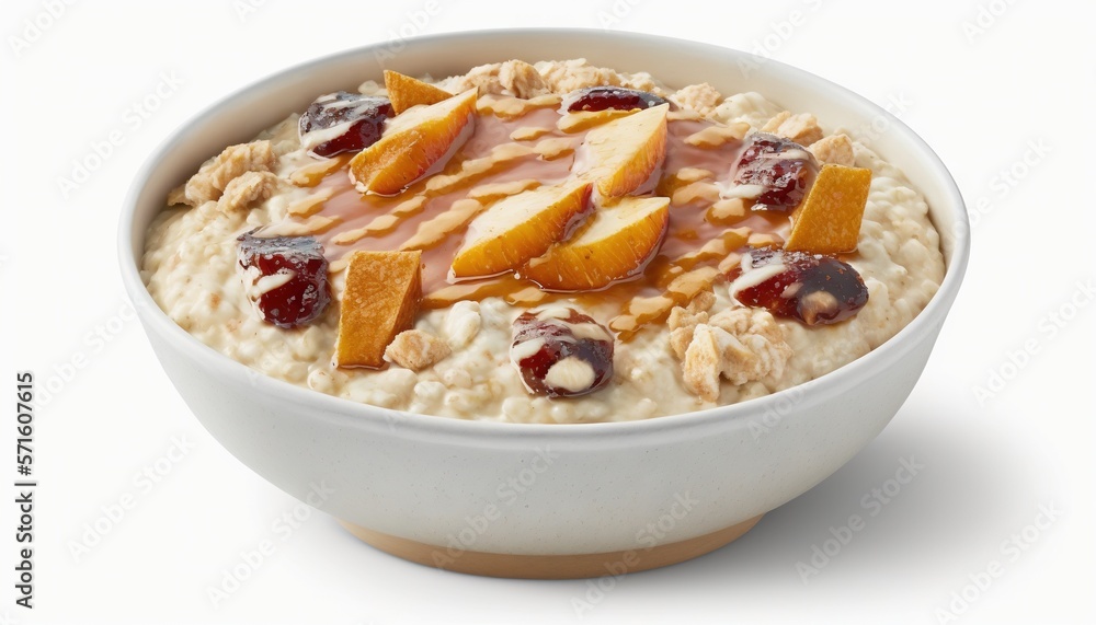 a bowl of oatmeal with fruit and nuts on top, with a spoon in the bowl, on a white surface, with a white background. generative ai a bowl of oatmeal with fruit and nuts on top, with a spoon in the bowl, on a white surface, with a white background. generative ai