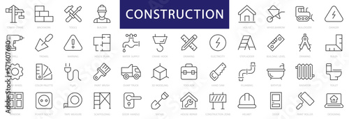 Construction thin line icons set. Construction Editable Stroke icon collection. Builder, Tools, House icons. Vector