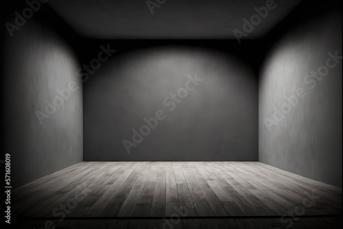 Empty dark abstract cement wall and wooden plank floor studio room interior texture for display products wall background