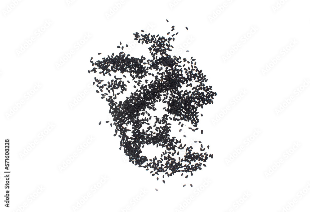 Pile of black cumin isolated on white background. Top view, flat lay. Pile of black cumin isolated on white background. Top view, flat lay.