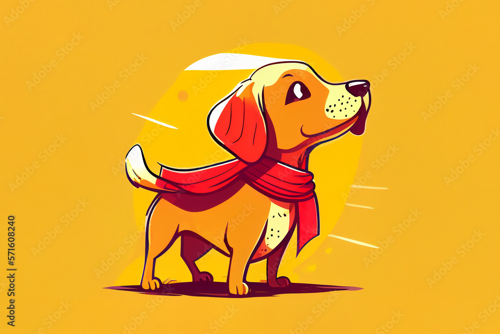 Cute dog with red scarf cartoon character on yellow background. Generative AI.