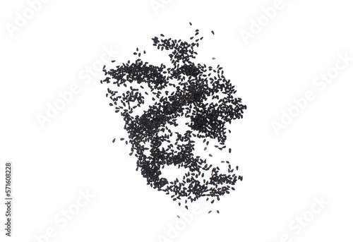 Pile of black cumin isolated on white background. Top view, flat lay.