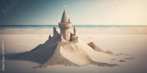 Sand castle on romantic beach, horizon over water, summer, AI generative