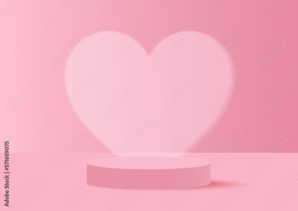 Realistic pink 3D cylinder pedestal podium with heart shape shadow background. Valentine minimal scene for products showcase, Promotion display. Vector abstract studio room platform design