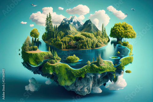 Floating island with lake and beautiful landscape. 3d illustration of flying land green forest with trees, mountains, animals, water isolated with clouds. 