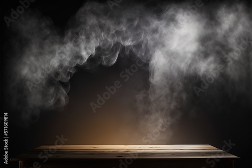 Empty wooden table with smoke floating up on the dark background, perspective wooden floor shelf table used as a studio background wall to display your products