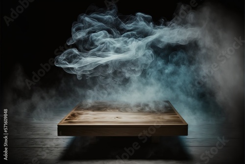 Empty wooden table with smoke floating up on the dark background, perspective wooden floor shelf table used as a studio background wall to display your products