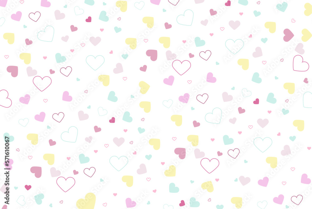 White background with colorful hearts, cute backdrop, colored pattern for kids, vector design