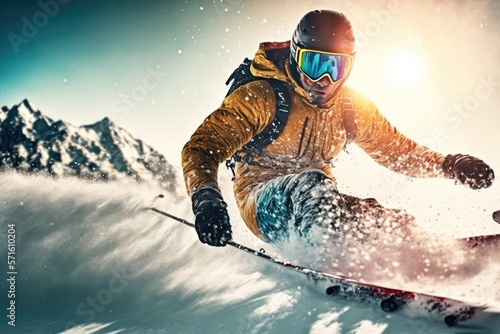An extreme winter skier in a mask and helmet wearing yellow jacket is going down a virgin sharp slope in the mountain hills. Generative AI
