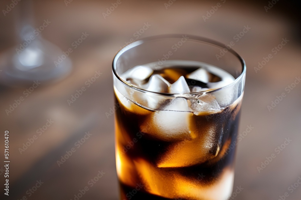 Espresso tonic with clear ice cube in tumbler glass on oak wood table with copy space, shallow focus - generative ai Espresso tonic with clear ice cube in tumbler glass on oak wood table with copy space, shallow focus - generative ai