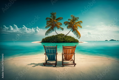 Couple of chairs sitting on top of sandy beach. Generative AI.
