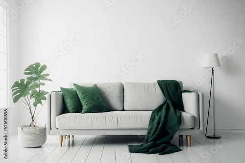 Living room with white couch and green pillows. Generative AI.